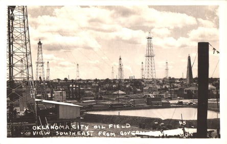 RPPC Real Photo Postcard showing the Oklahoma City Oil Field, view Southeast with numerous derricks