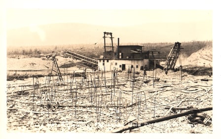 RPPC Real Photo Postcard of a massive gold dredge mining operation near Fairbanks, Alaska c. 1930s