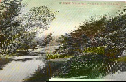 Postcard of Mirror Lake in Forest Park, Springfield, Massachusetts, showing reflections in water.