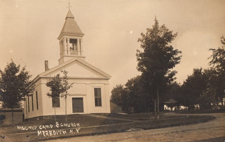 RPPC Real Photo Postcard view of the wooden Hill Top Camp & Church in Meredith, New York c. 1910s.
