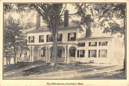 Postcard showing the historic Hillcrest Inn with its large porch in Lanesboro, Massachusetts c. 1923