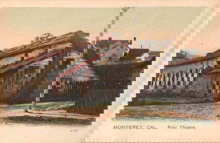 Postcard showing the historic First Theatre building in Monterey, California. A street level view.