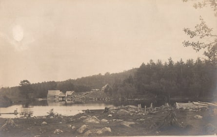 RPPC Real Photo Postcard showing a lumber mill operation and cleared shoreline in North Waterford,