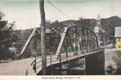 Postcard view of the Depot Street Bridge, a metal truss structure in Hinsdale, New Hampshire c. 1910