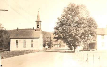 RPPC Real Photo Postcard of a country church with bell tower by photographer Otto Hillig, Liberty