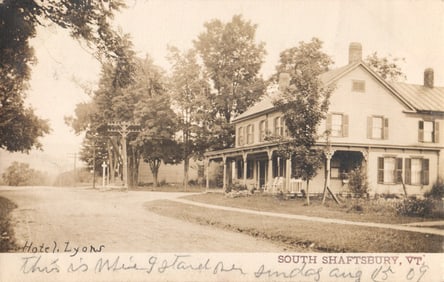 RPPC Real Photo Postcard showing the Hotel Lyons on a dirt road in South Shaftsbury, Vermont 1909