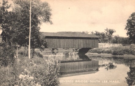 Postcard showing the scenic Covered Bridge and its reflection in the river, South Lee, Massachusetts