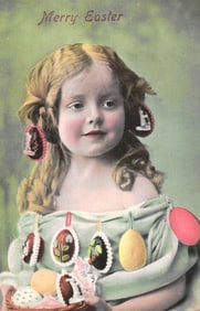 Early 1900s postcard with a charming young girl celebrating Easter with eggs in her hair and dress.
