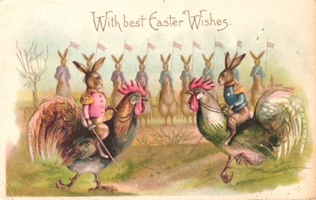 Embossed postcard with military rabbits riding roosters, With best Easter Wishes, Germany c. 1908