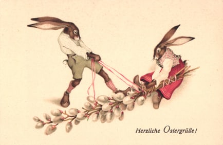 Easter postcard with anthropomorphic rabbits playing tug-of-war with pussy willows. M. Munk Vienna.
