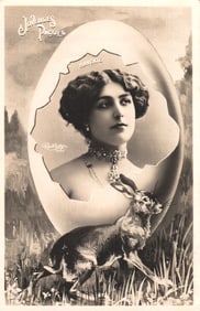 Postcard by Reutlinger Paris shows a woman hatching from an Easter egg by a hare. Belle Époque c.