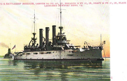 Postcard by A.C. Bosselman showing U.S. Battleship Missouri, pre-dreadnought warship c.1905.