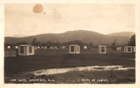 RPPC Real Photo Postcard of Camp City, the "City of Camps," with small cabins in Woodstock, NH