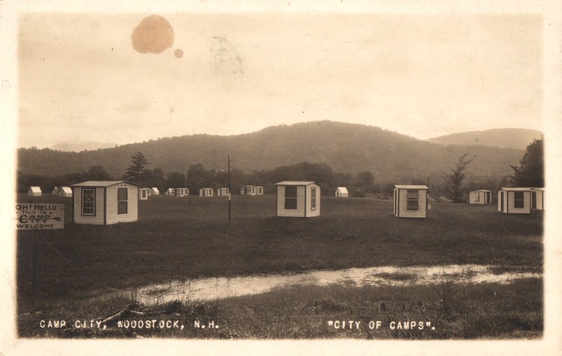 RPPC Real Photo Postcard of Camp City, the "City of Camps," with small cabins in Woodstock, NH (1 of 2)