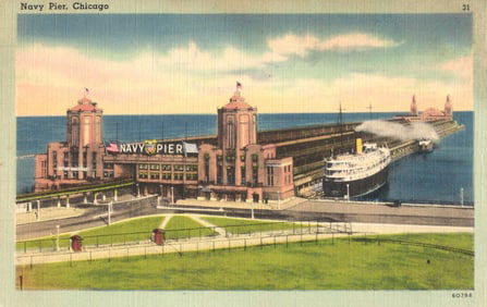 Linen postcard showing Chicago's famous Navy Pier used as a naval training station during WWII era.