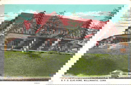Postcard view of the B.P.O. Elks Home building in Willimantic, Connecticut. Tudor Revival