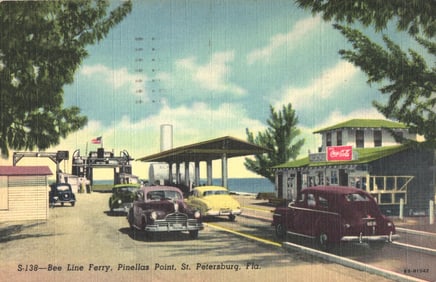 Linen postcard of 1940s cars lined up for the Bee Line Ferry at Pinellas Point, St. Petersburg, FL.