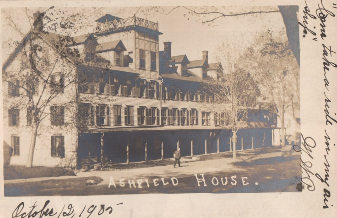 RPPC Real Photo Postcard showing the Ashfield House hotel with a man walking out front, circa 1905: Please view photos for further description and condition considerations. Please know the scans may be darker or lighter than the actual item's true appearance. ACME Auctions offers FREE DOMESTIC SHIPP