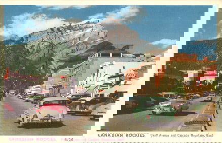 Postcard of Banff Avenue with classic 1950s cars and Cascade Mountain, Banff, Canadian Rockies