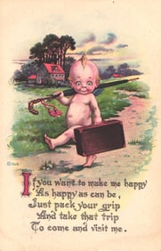 Postcard showing a Kewpie-style baby traveler with suitcase and umbrella, inviting a visit c. 1917