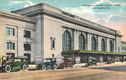 Postcard view of the Entrance to Southern Pacific Depot in Los Angeles, CA with early cars c. 1918