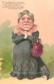 Comic postcard depicting a determined mother-in-law caricature with humorous text, Series 5897