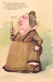 Comic postcard caricature of a plump mother-in-law with lorgnettes and a humorous verse c. 1910