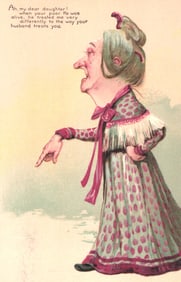 Comic Postcard Caricature of Mother-in-Law Criticizing Husband's Treatment of Her, Early 1900s