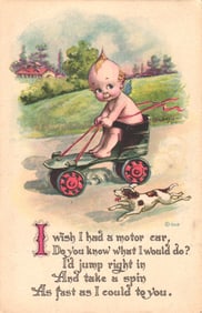 Gartner & Bender postcard showing a cute Kewpie-like baby driving a toy motor car with a dog.