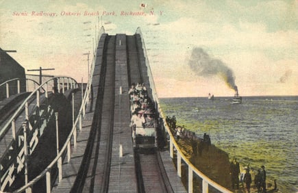 Postcard showing the Scenic Railway roller coaster at Ontario Beach Park, Rochester, NY circa 1911