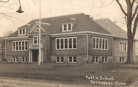 RPPC Real Photo Postcard of the Public School building in Springdale, Connecticut circa 1909 view.