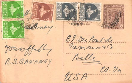 Postcard mailed c.1959 from Ludhiana, India to DuPont in WV, USA regarding ammonia production.