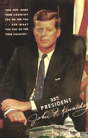 Postcard portrait of 35th President John F. Kennedy with inaugural quote and U.S. Capitol, 1960s