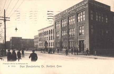 Postcard view of the Pope Manufacturing Co. factory and street scene, Hartford, Connecticut c. 1905.
