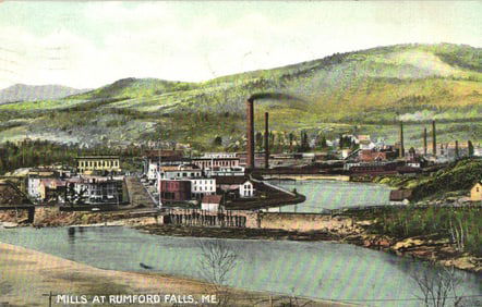 Postcard with a scenic view of the industrial mills and townscape at Rumford Falls, Maine, c. 1908