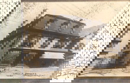 RPPC Real Photo Postcard view of the Y.M.C.A. Building with a mansard roof in Randolph, Mass.
