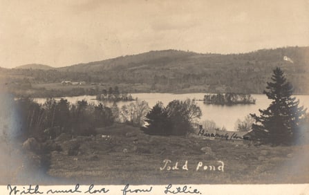 RPPC Real Photo Postcard of Blaisdell House and the islands in Todd Pond, Bradford, New Hampshire
