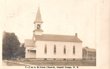 Postcard showing the historic Dutch Reform Church and its bell tower in Grand Gorge, New York c.