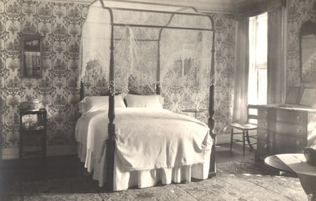 RPPC Real Photo Postcard showing an elegant bedroom interior with a four-poster canopy bed, USA.