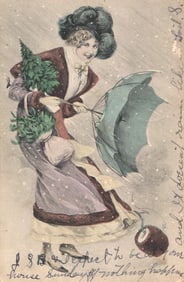 Postcard of a woman in Edwardian fashion carrying a Christmas tree & umbrella in a snowstorm, c.