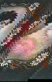 Embossed postcard of a lovely woman in a pink dress, set within an ornate Art Nouveau daisy frame