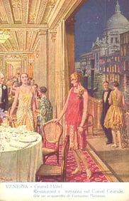 Postcard of Venice's Grand Hôtel terrace on the Grand Canal, art by Fortunino Matania, 1920s era.