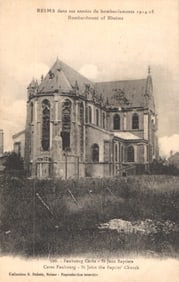 Postcard showing WWI bombardment damage to St. John the Baptist' Church in Reims, France, c. 1918