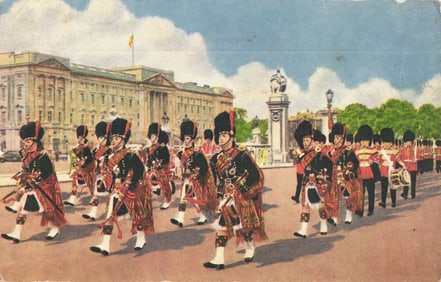 Postcard showing The Scots Guards' Pipers marching at Buckingham Palace in London, England c.1950s