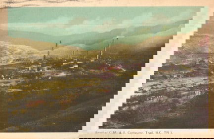 Postcard showing the C.M. & S. Company Smelter, an industrial landscape in Trail, British Columbia,