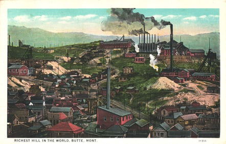 Postcard showing the "Richest Hill in the World," Butte, Montana with mining operations and smelters