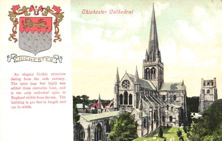 Valentine's Series postcard of Chichester Cathedral's elegant Gothic structure, Chichester, England.