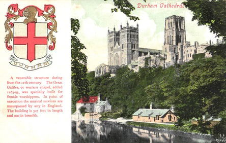 Valentine's Series postcard of Durham Cathedral viewed from the River Wear, England, early 1900s.