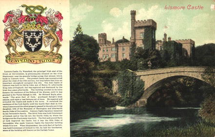 Postcard showing Lismore Castle, Co. Waterford, Ireland, with the bridge and Cavendish crest. Early