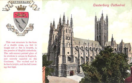 Valentine's Series postcard of Canterbury Cathedral in England, showing the vast Gothic structure.